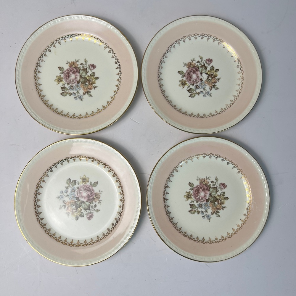 Homer Laughlin Bread Plates 4pc 6.25in Pink Floral Gold Georgian Eggshell Vtg